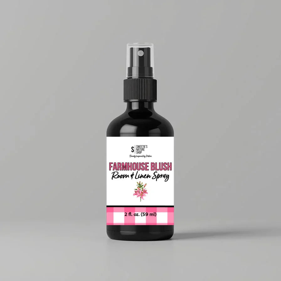 Bottle of Farmhouse Blush room & Linen Spray on a gray background