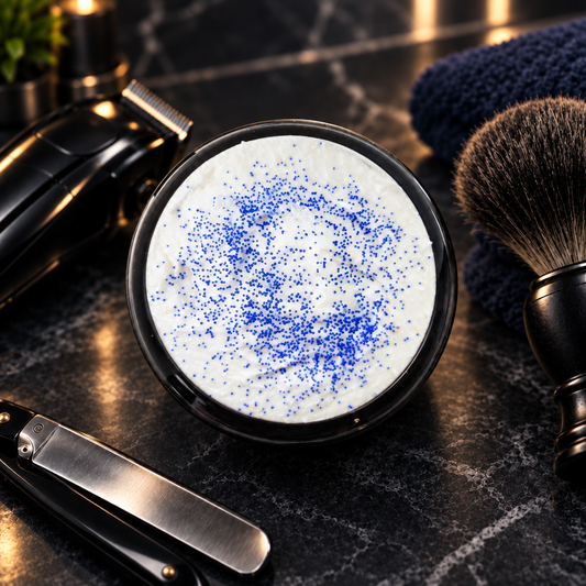 Edge Me Up Foaming Sugar Scrub - open jar on dark counter