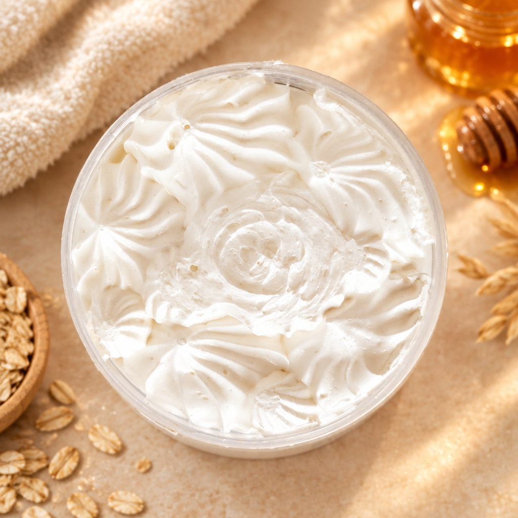 Top-down open jar of Oatmeal, Milk & Honey Body Butter showing its whipped cream texture