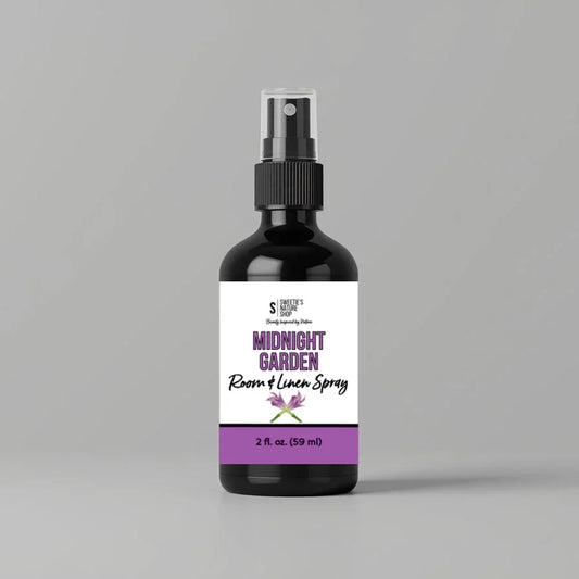 Bottle of 'Midnight Garden' room & linen spray on a gray background 