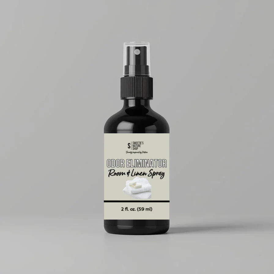 Odor Eliminator room & linen spray bottle on a gray background