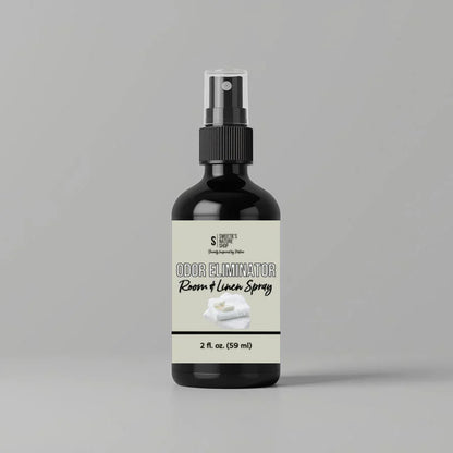 Odor Eliminator room & linen spray bottle on a gray background
