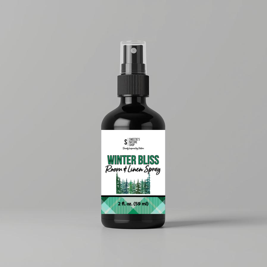 Bottle of 'Winter Bliss' room & linen spray on a gray background