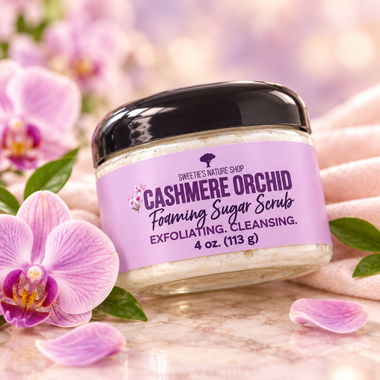 Cashmere Orchid Foaming Sugar Scrub - laid down, cream scrub