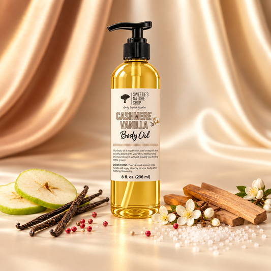 Cashmere Vanilla Body Oil pump bottle in the established background