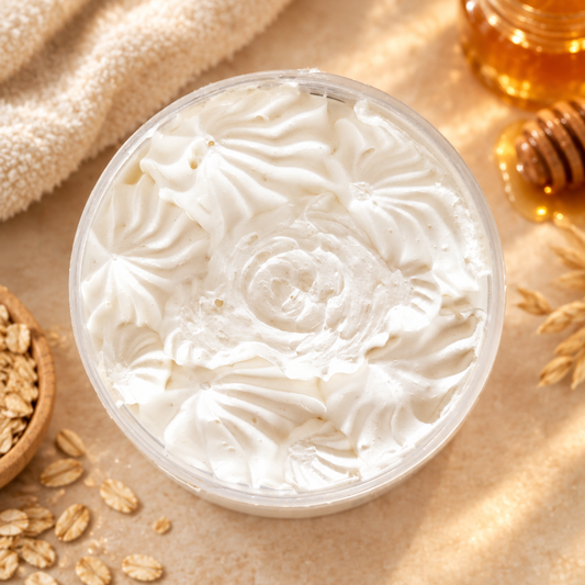 Top-down open jar of Oatmeal, Milk & Honey Body Butter showing its whipped cream texture