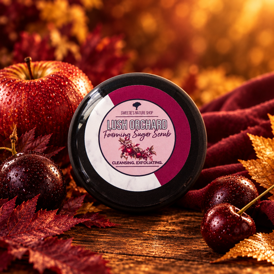 Lush Orchard Foaming Sugar Scrub - autumn orchard background