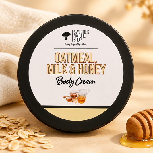Oatmeal, Milk & Honey Body Cream jar with its original label against a warm cream, oat, and honey background