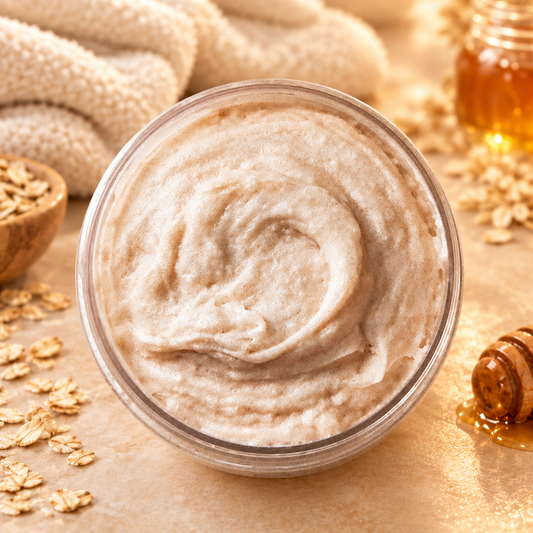 Open jar of Oatmeal, Milk & Honey Whipped Cream Body Wash showing the creamy texture against the matching background